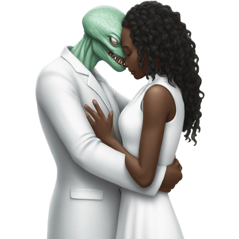 Alien reptilian woman in white dress hugs and kissing "white male human man" emoji