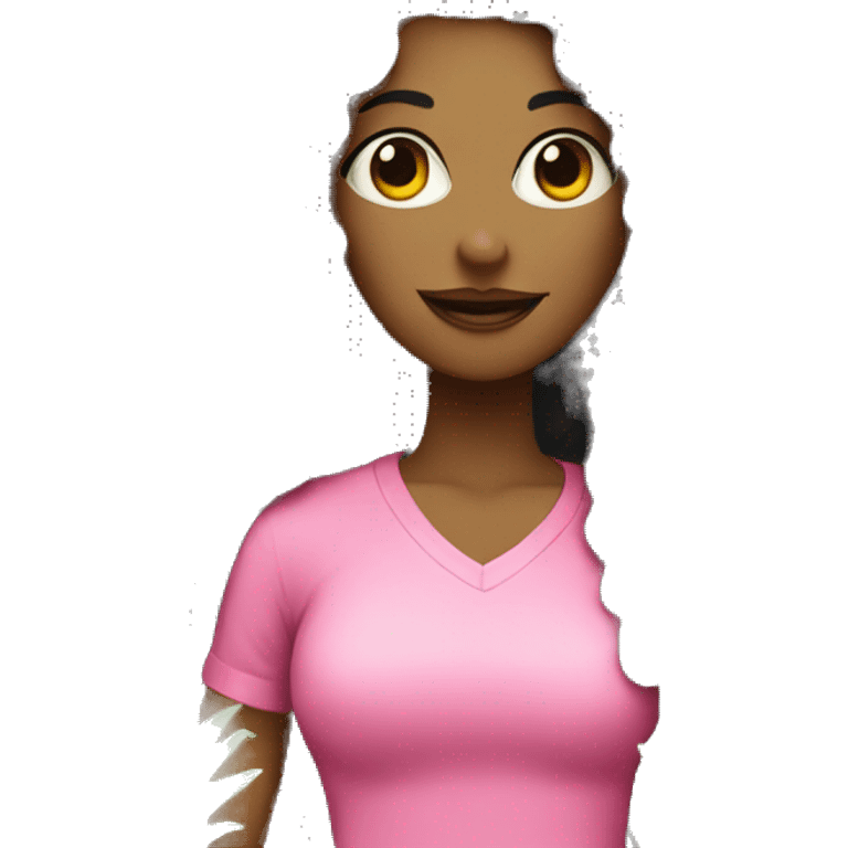 woman with long black curly hair wearing pink holding a pineapple in hangs emoji