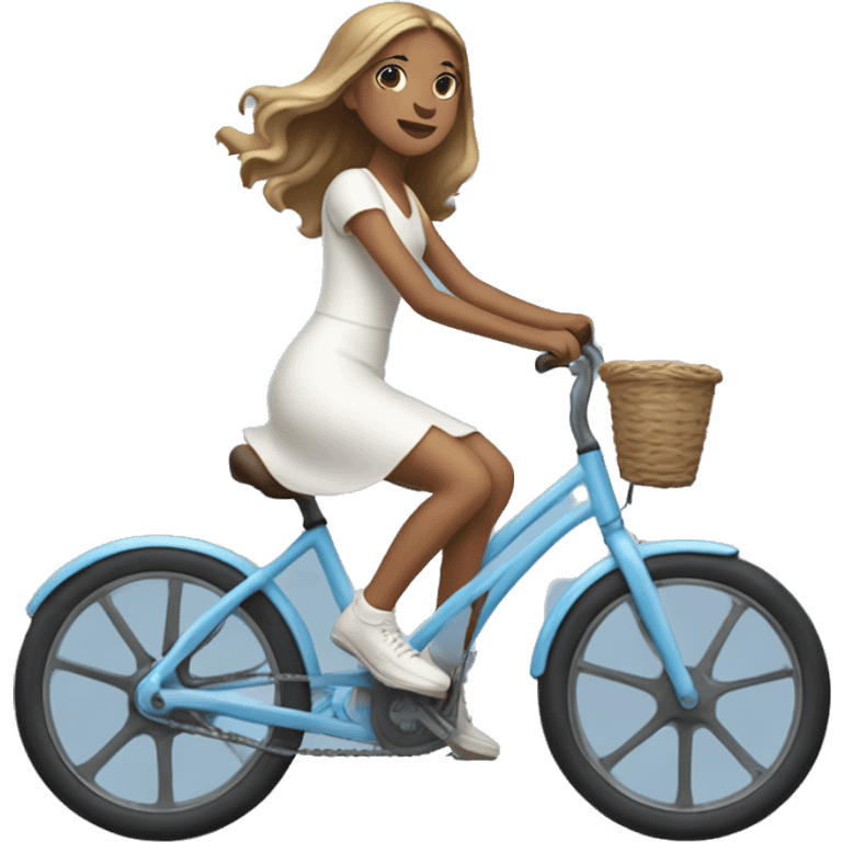 Girl riding very light blue bike, she is wearing white dress, she has long light brown hair and light skin emoji