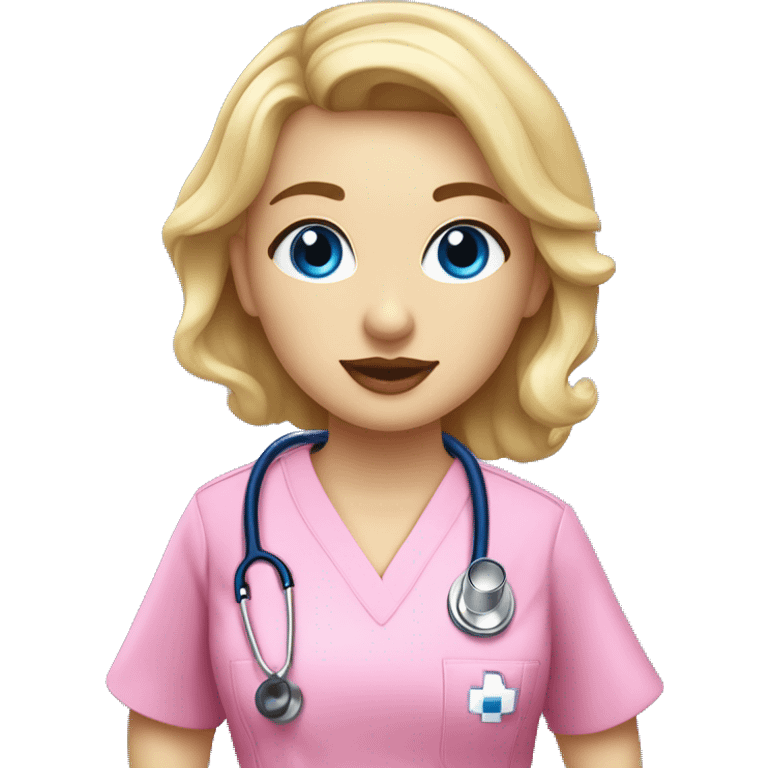 Blonde girl blue eyes nurse in royal blue scrubs with curtain bags wearing a Stethoscope and pink lips  emoji