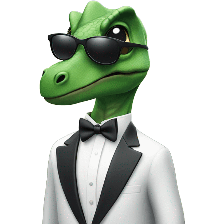 Dinosaur wearing a tuxedo and black aviators with a mountain scape in the background  emoji