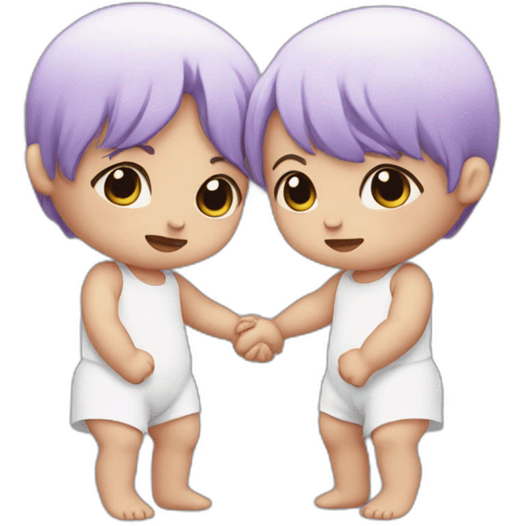 two crying white babies holding hands, one has purple hair emoji