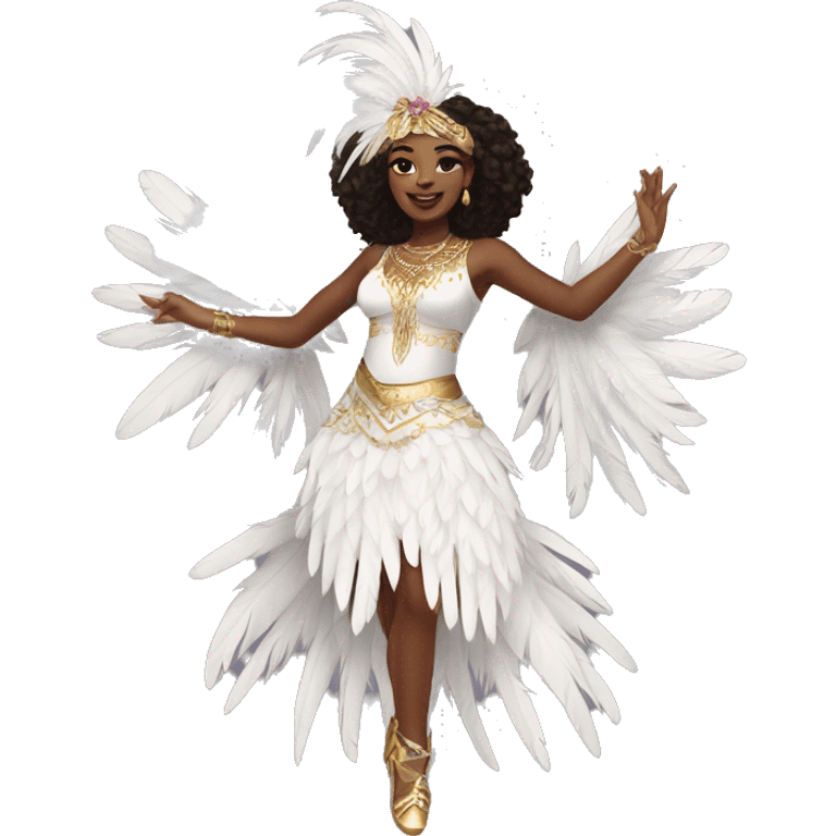 nella rose dancing, wearing white carnival outfit, white feathers emoji