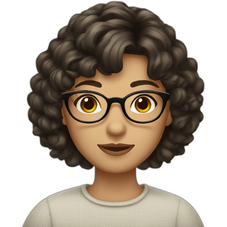 girl with short curly dark brown hair and bangs and thin glasses emoji