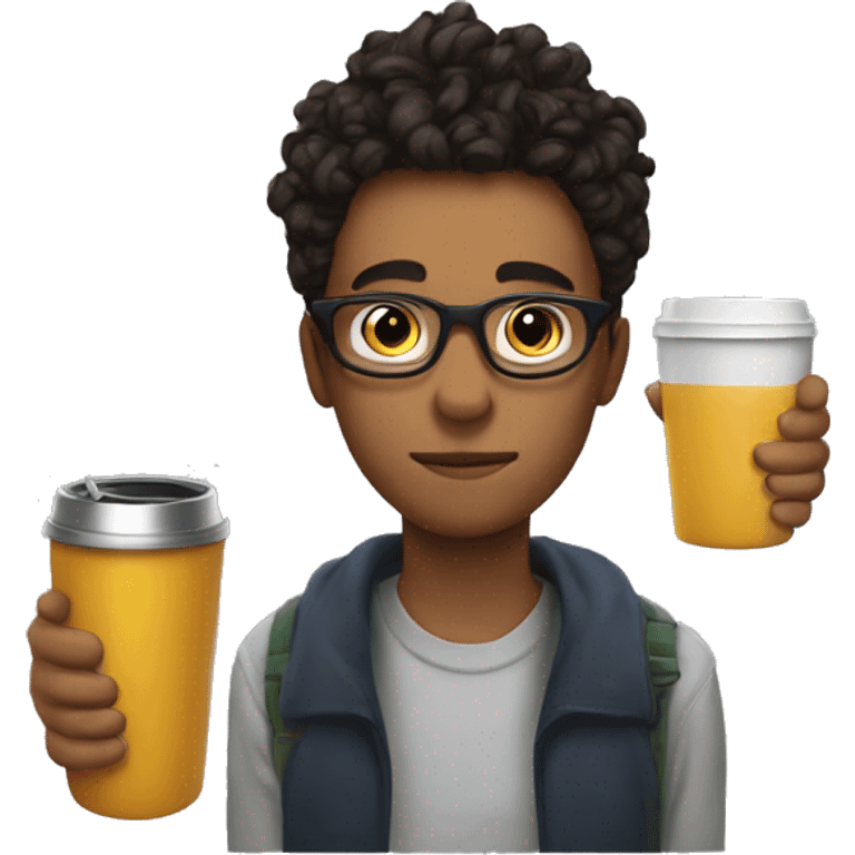 Young man with glasses and a man bun haircut drinking mate with one hand and a thermos in the other hand emoji