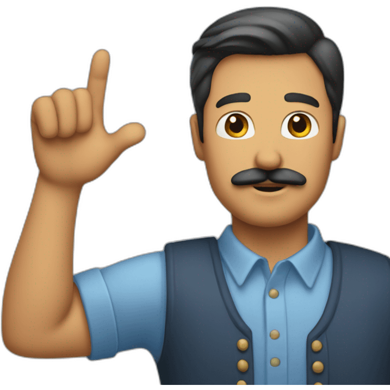 man with mustache and only his right arm straight and flat hand in the air emoji