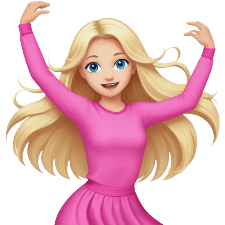 Pretty Blonde with long hair model, blue eyes In pink clothes super excited and happy dance emoji