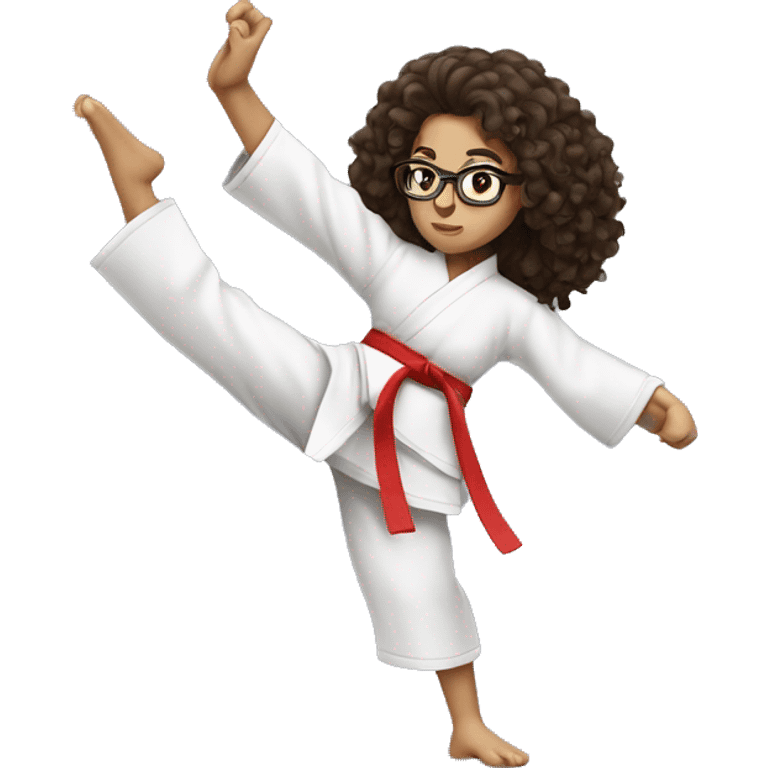 Long curly haired brunette girl with glasses doing karate stance emoji