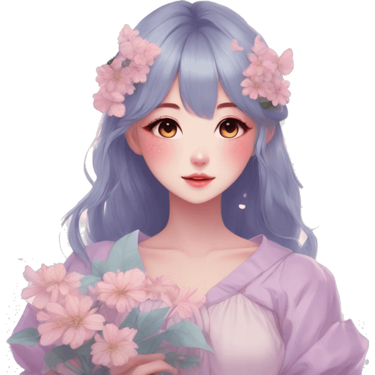 Gorgeous Pastel Anime-Style Lady With Butterflies on face and flower petals around cottage core pastelcore kawaii aesthetic trending style emoji