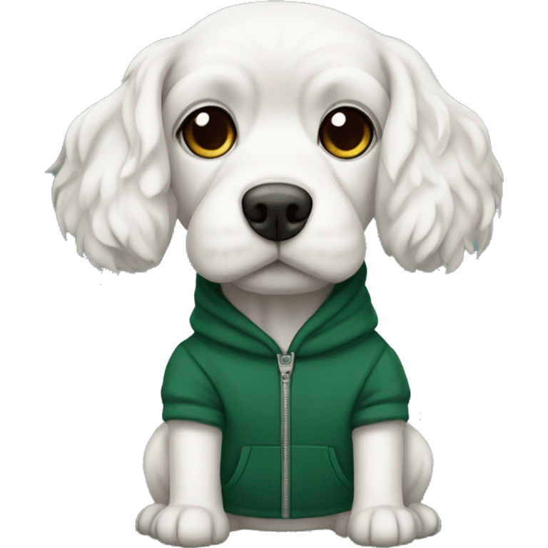 Dog white cute maltaise wearing a dark green hoodie  emoji