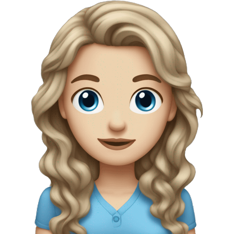 white girl, wavy brown hair, blue eyes, blue shirt emoji