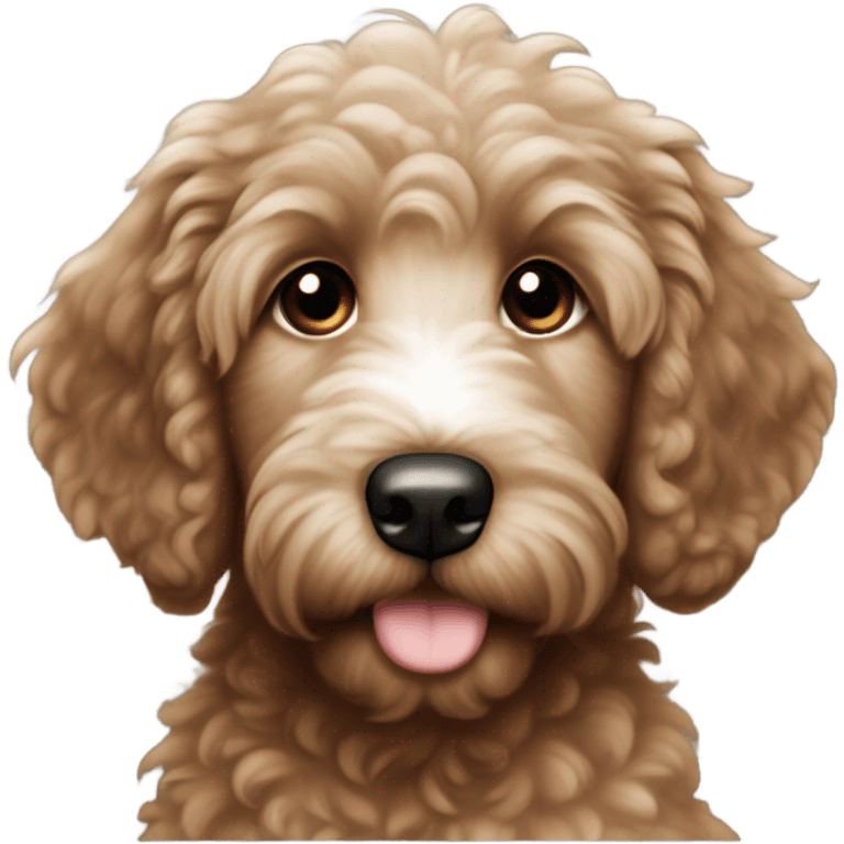 Dark brown goldenoodle puppy with white tuft at tip of nose and white spot on top of head emoji