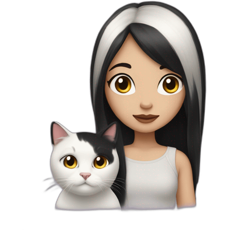 Girl with long black hair and oliva skin with her black and white cat emoji