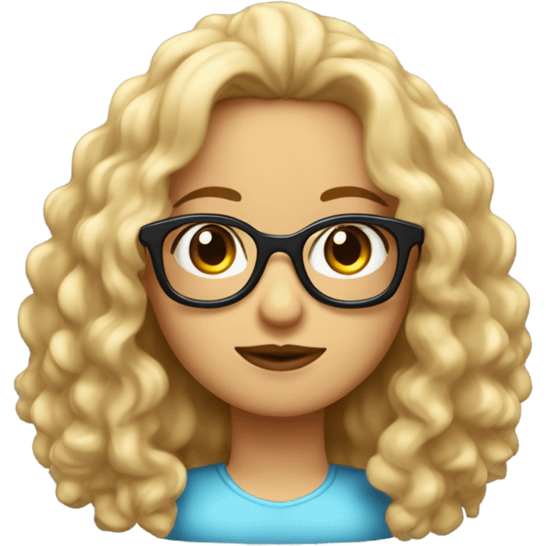 Chica rubia pelo rizado largo, con lentes, ojos azules y tomando café emoji