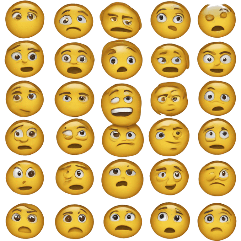 create a pack of 7 yellow round emojis that have different facial expressions on each face emoji