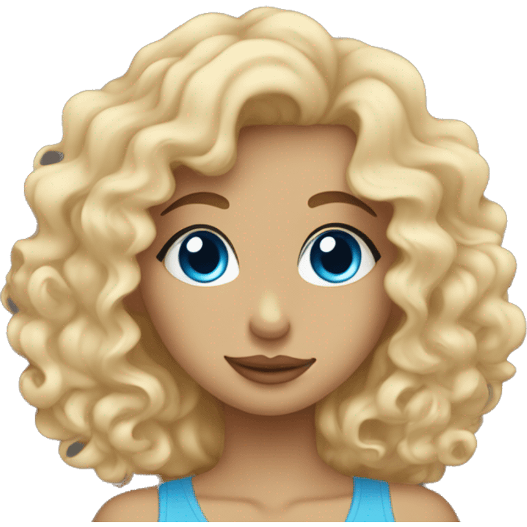 blonde girl with curly hair and blue eyes blowing a kiss emoji