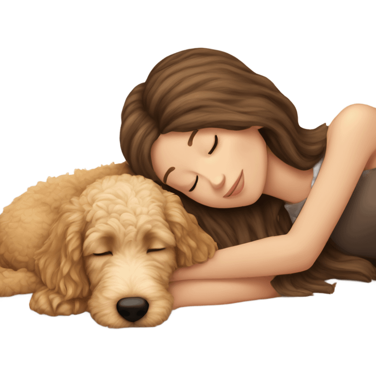 White girl straight  brown hair sleeping with golden doodle puppy  emoji