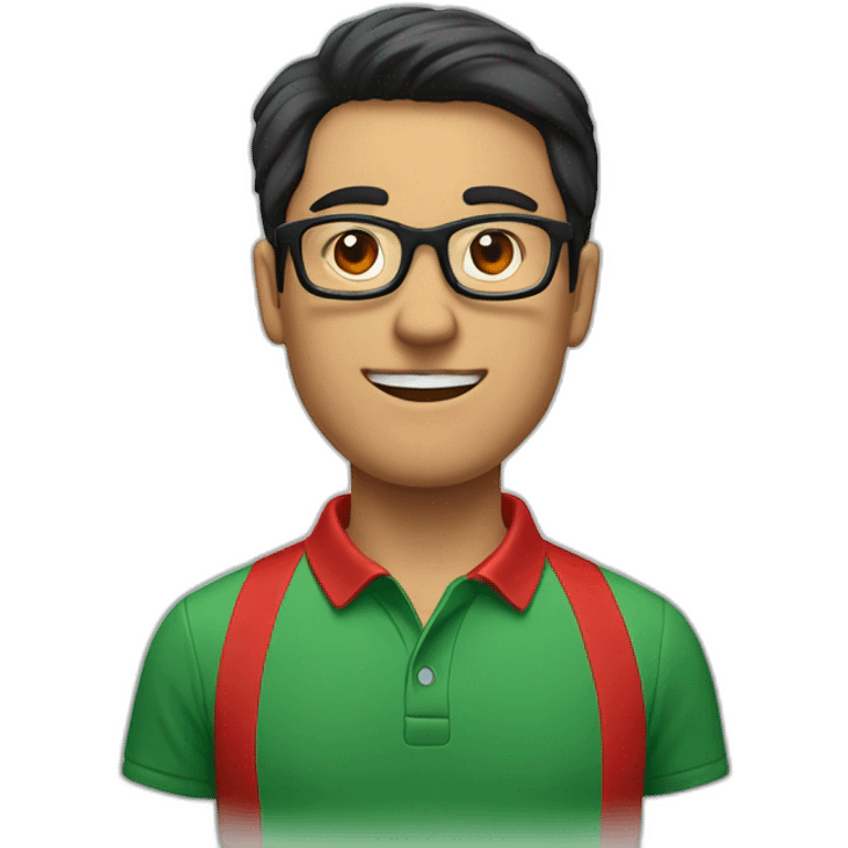 Man with black hair and glasses wearing red polo shirt with green color collar of the shirt emoji