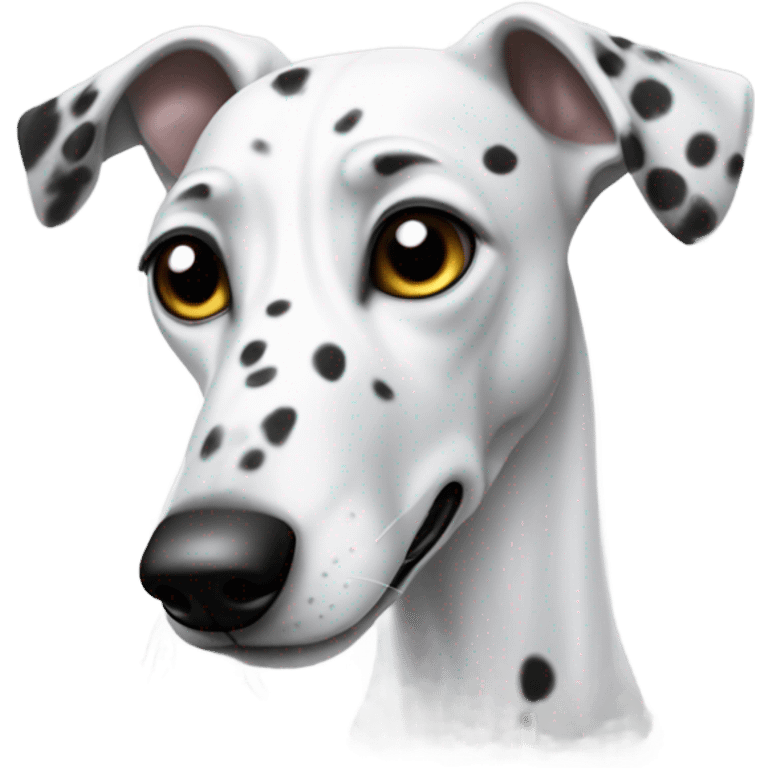 Create an emoji of a white greyhound dog with black spots, sticking its tongue out to the side. emoji