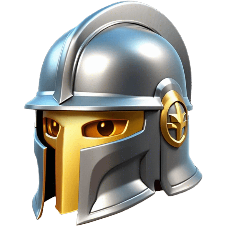 Clash of Clans aesthetic: Cinematic heroic Steel full face Helm Emoji, rendered in a 3D vector-style similar to standard emojis with minimal shading and bold, simplified shapes. A compact, isometric helmet crafted of shining steel with intricate engravings and a protective visor, softly glowing with a noble warrior charm. Simplified yet unmistakably iconic, highly detailed and consistent, glowing with a soft radiant gleam and high polish. Stylized with a touch of chivalric tradition and a soft glowing outline, capturing the essence of a stalwart battle helm with a friendly, playful manner! emoji