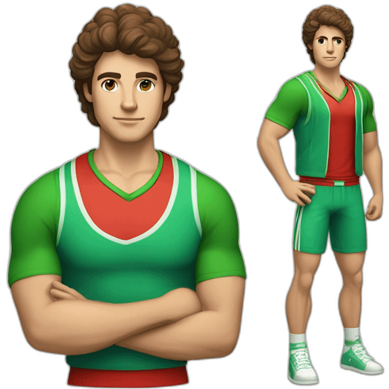 retro 70s red and green gym clothes for a modern white brunette uni male student with glass emoji