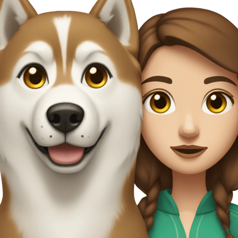 White Woman hair brown and bleus eyes and golden Husky With green eyes emoji