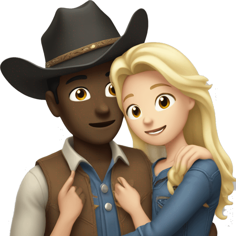 girl with blonde hair and a cowboy hat hugging a dark skinned guy with long black hair and a cowboy hat emoji