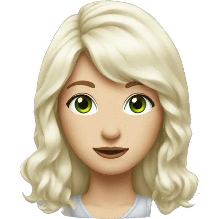 woman, a bit wave hair with bang, hair below shoulders, green eyes, white skin, hipster look, emoji