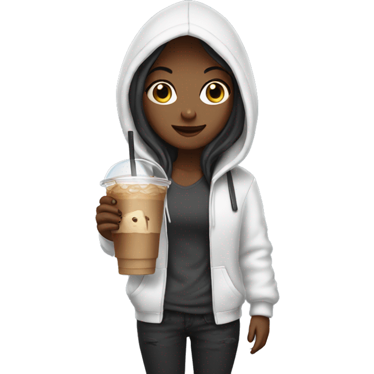 girl with hoodie holding an iced coffee emoji