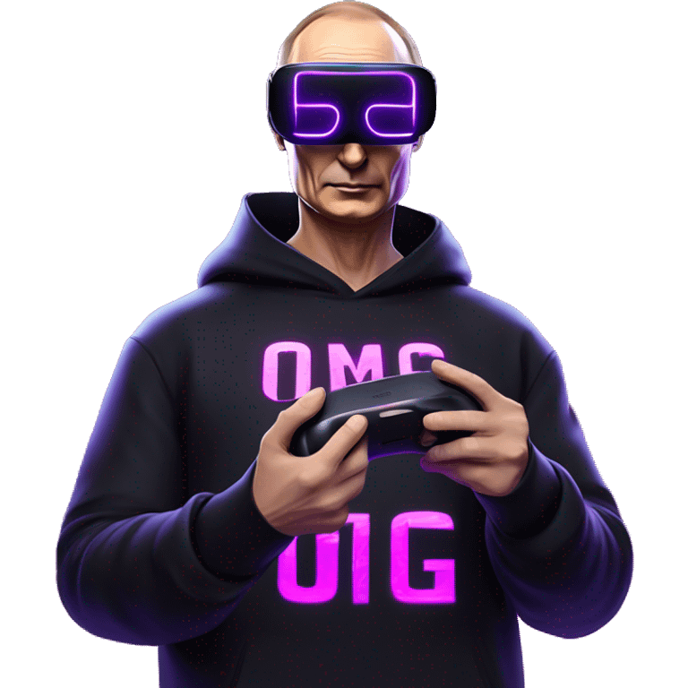 Vladimir Putin wearing a black hoodie with "OMG" letters on it and VR headset oculus quest 2 in a cyberpunk VR environment with violet neon lighting. emoji