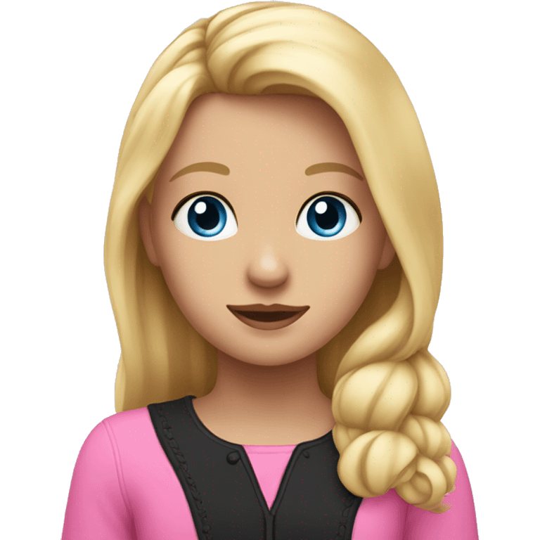 blonde girl with blue eyes wearing pink and her black horse emoji