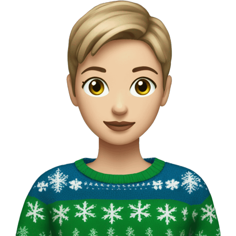 Light brown short haired girl with green eyes drinking coffee wearing blue Christmas sweater emoji