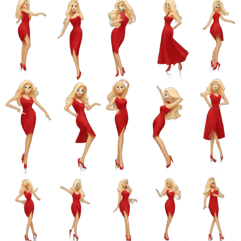 white blonde woman in red long dress and long hair dancing in Louboutin heels emoji