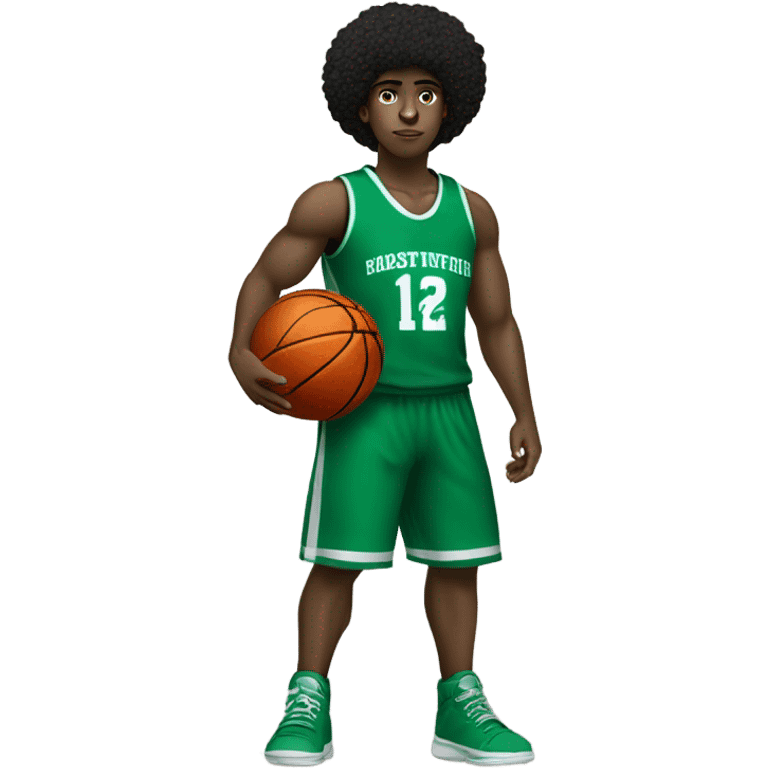 Muscular big black Afro light-skinned skinned male teenager in a green basketball uniform holding a basketball.  emoji