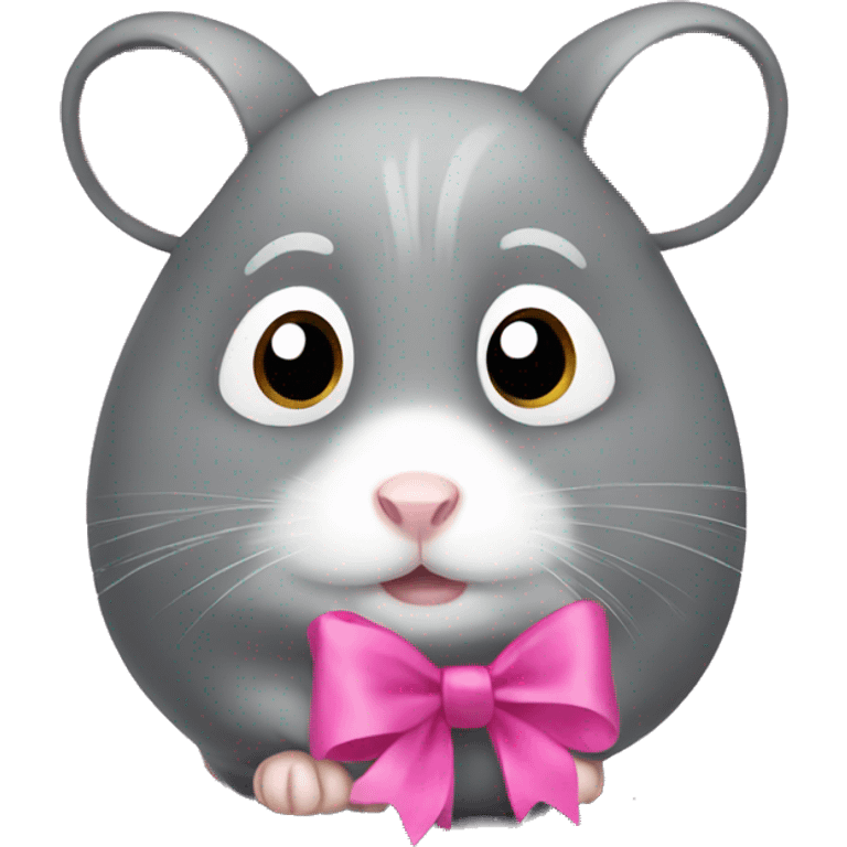 Grey hamster with large sad eyes with a pink bow on its head emoji