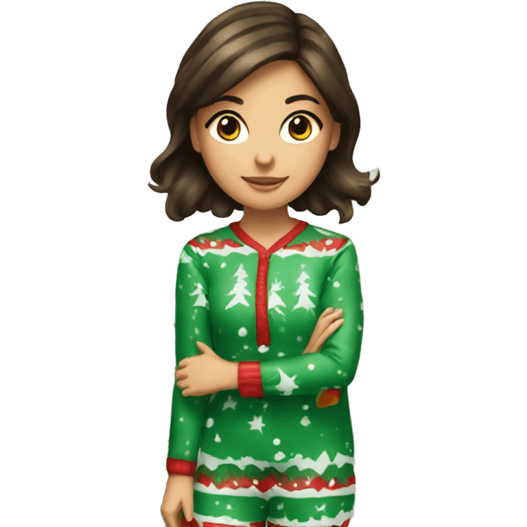 brunette girl wearing christmas pajamas decorating a christmas tree emoji