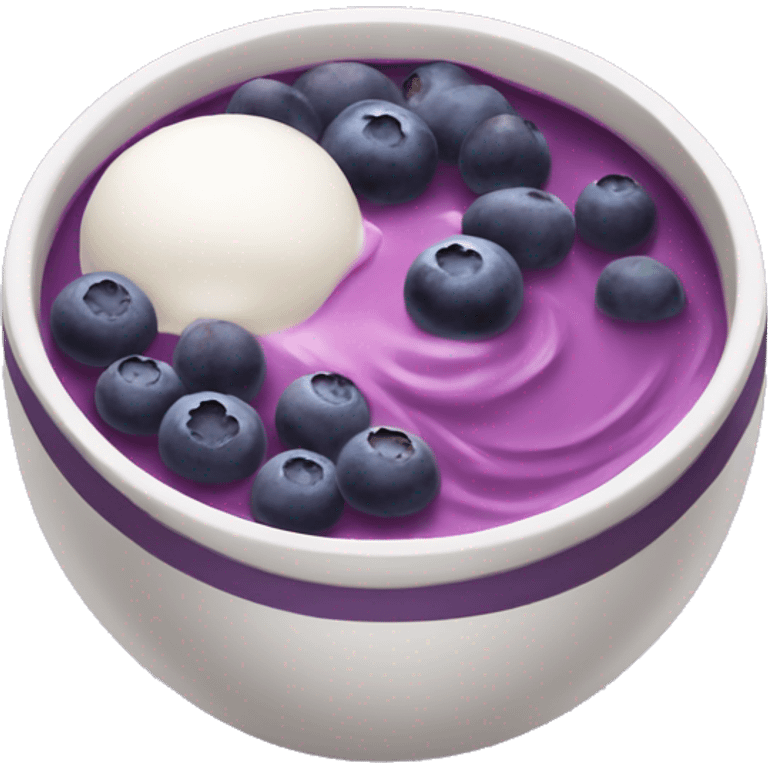 vertical view of bowl with purple yogurt and blueberries and acai emoji