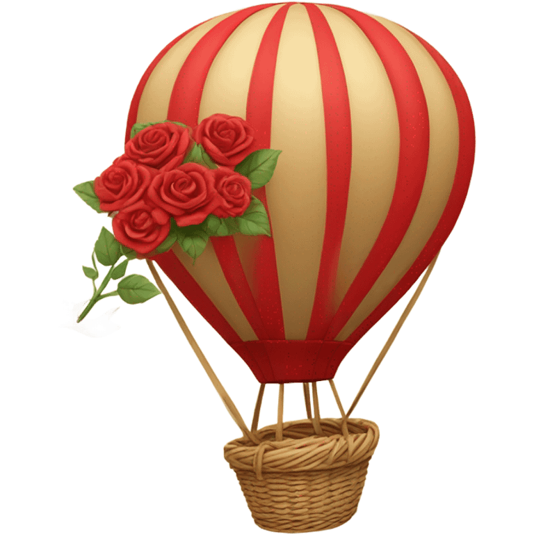 red hot air balloon and beige basket with roses emoji