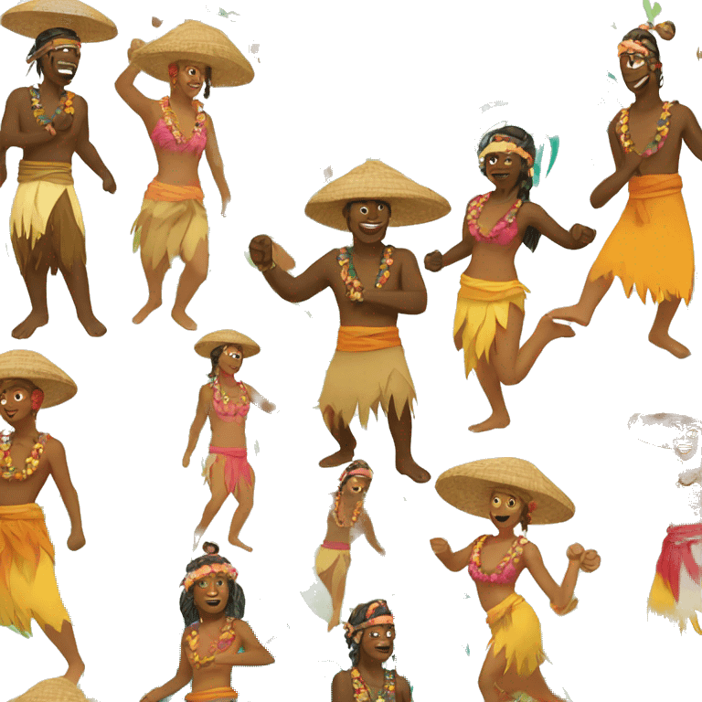 Tropical island with ocean in background, native people dancing in tropical clothes  emoji