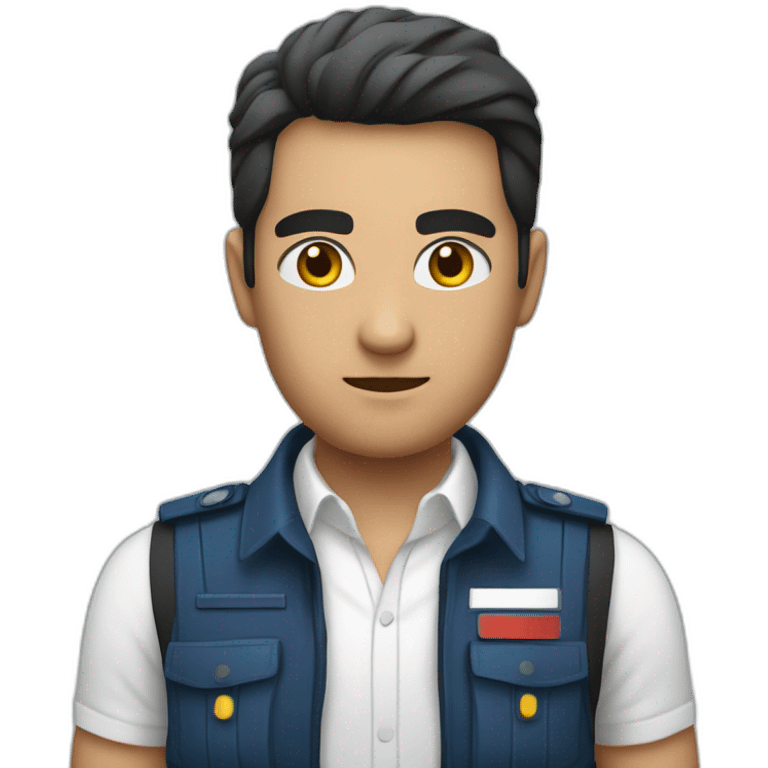 A PERUVIAN SECURITY AGENT, IN A BLUE VEST AND WHITE SHIRT. SAY OK WITH YOUR HAND. SERIOUSNESS. emoji