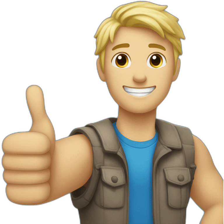 young man with blonde hair giving thumbs up, hand in foreground, head in background, blue t-shirt wide angle shot emoji