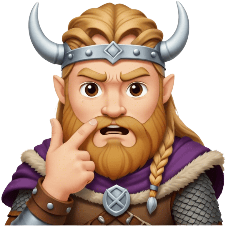 surprised viking face with furrowed eyebrows looking upwards with thumb and index finger resting on its chin. emoji