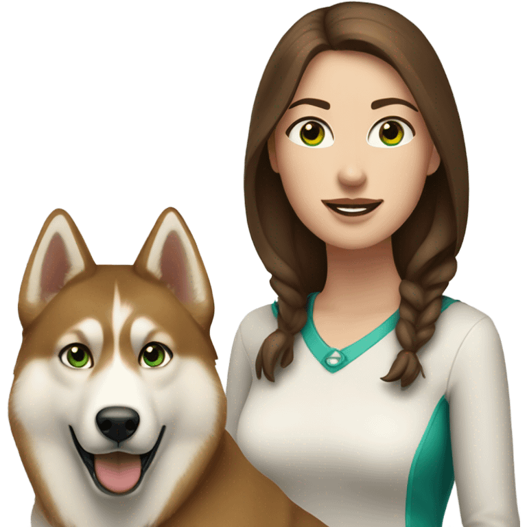 White Woman hair brown and bleus eyes and golden Husky With green eyes emoji