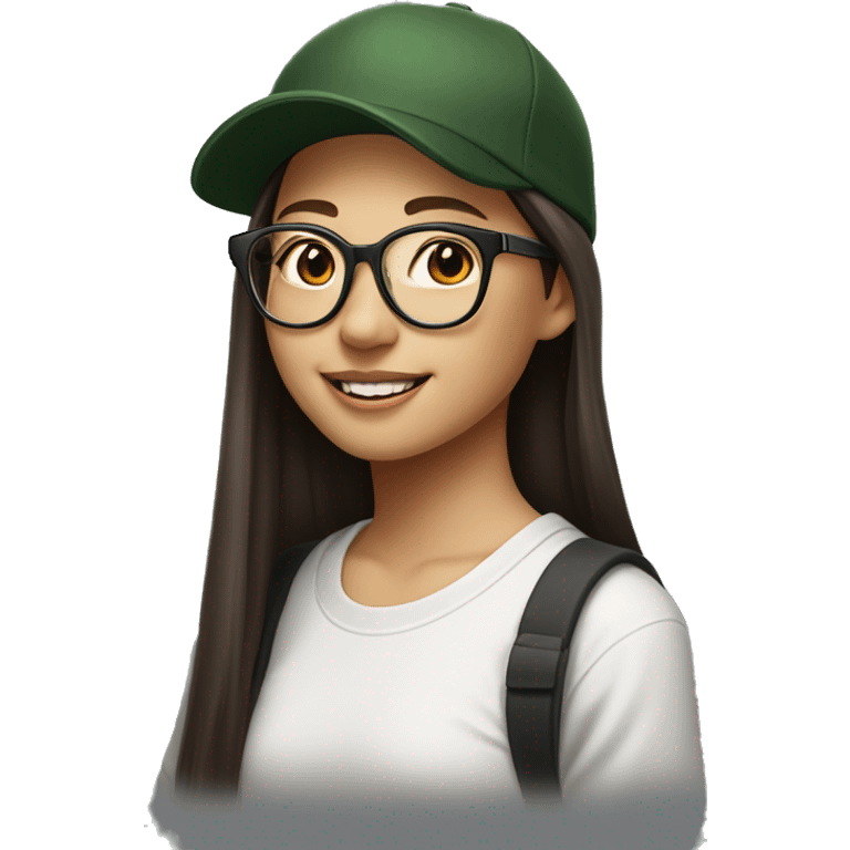 Hyper realistic, look from side, asian girl, light white skin, smiling with teeth, black eyes, spotted frame glasses, long brown straight hair with highlighted strands, black T-shirt, dark green cap. emoji