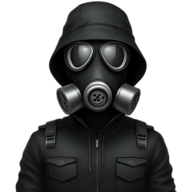 An poker face man with black hair and a black gasmask and black clothes emoji