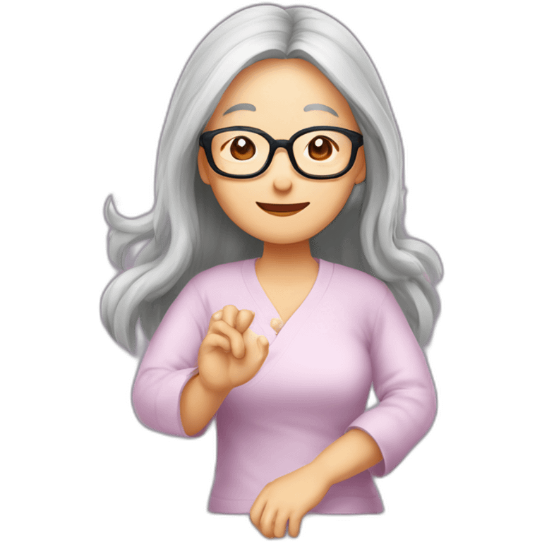 Chinese senior lady wear glasse has long hair show love gesture emoji