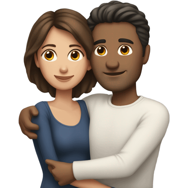 Dark haired white male hugging beautiful medium brown skinned, brown haired woman with short hair emoji