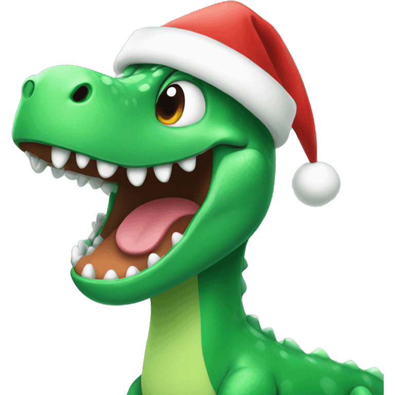 happy green dino wearing a santa hat emoji