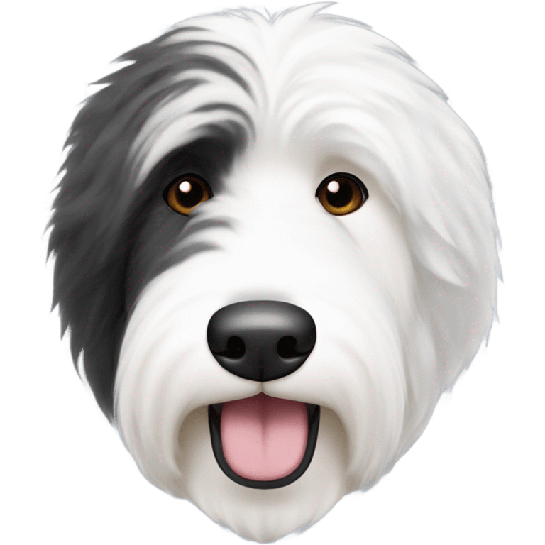 Old English sheepdog face with the right half of his face white and the left half of his face black. White around the mouth and nose emoji