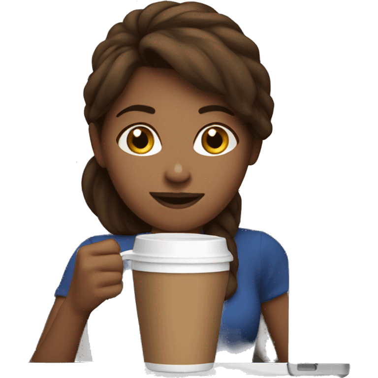 Brown haired girl drinking coffee in front of laptop emoji